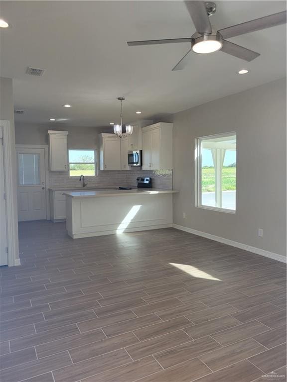 kitchen featuring stainless steel appliances, wood tiled floor, plenty of natural light, and decorative backsplash