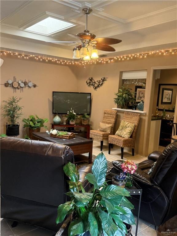 2612 Ashley Dr, Pharr, TX 78577 - living room featuring a skylight, tile patterned floors, ceiling fan, coffered ceiling, and crown molding