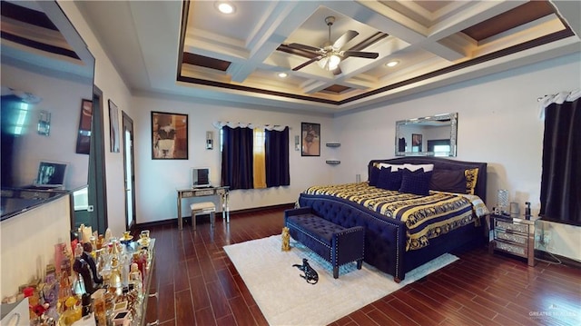 bedroom featuring beam ceiling, ceiling fan, coffered ceiling, dark hardwood / wood-style floors, and multiple windows