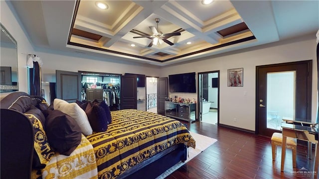 bedroom with beamed ceiling, dark hardwood / wood-style flooring, ceiling fan, and coffered ceiling