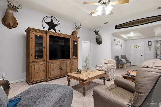 1612 W Military Hwy, Mission, TX 78572 - living area with visible vents, baseboards, light tile patterned flooring, and ceiling fan