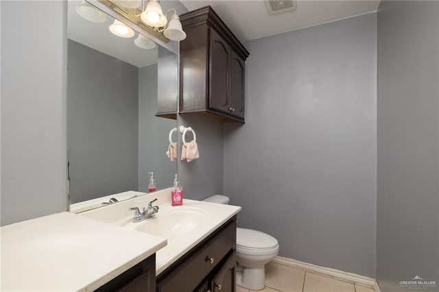 half bath featuring visible vents, baseboards, toilet, tile patterned flooring, and vanity