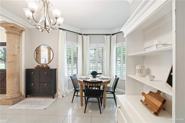 9325 W Mile 8 Rd, Mission, TX 78573 - dining room with ornate columns, light tile patterned floors, a chandelier, baseboards, and ornamental molding