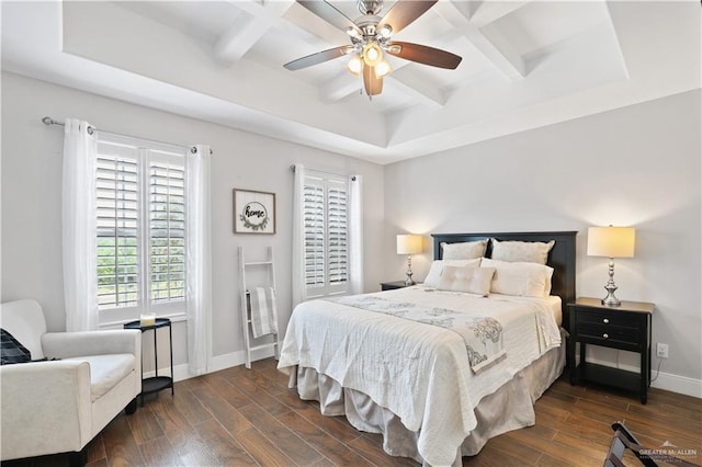 9325 W Mile 8 Rd, Mission, TX 78573 - bedroom with coffered ceiling, dark wood-style floors, baseboards, beam ceiling, and ceiling fan