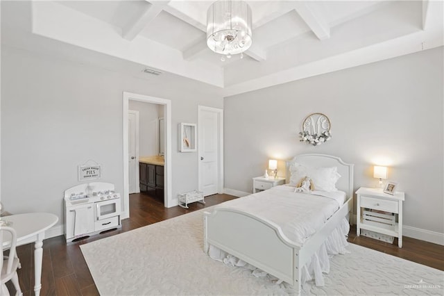 9325 W Mile 8 Rd, Mission, TX 78573 - bedroom featuring a chandelier, dark wood-style flooring, coffered ceiling, beamed ceiling, and baseboards