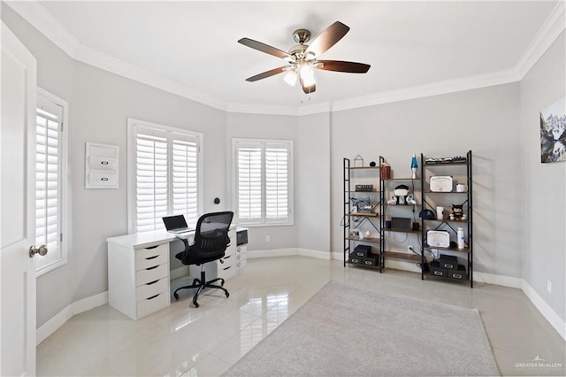 9325 W Mile 8 Rd, Mission, TX 78573 - office area with ceiling fan, ornamental molding, baseboards, and light tile patterned floors