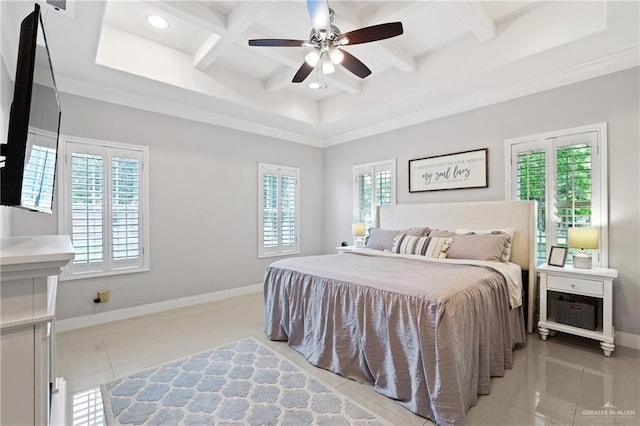 9325 W Mile 8 Rd, Mission, TX 78573 - bedroom featuring multiple windows, coffered ceiling, light tile patterned floors, baseboards, and beamed ceiling