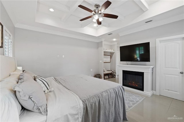 9325 W Mile 8 Rd, Mission, TX 78573 - bedroom featuring recessed lighting, coffered ceiling, a glass covered fireplace, ornamental molding, and tile patterned floors