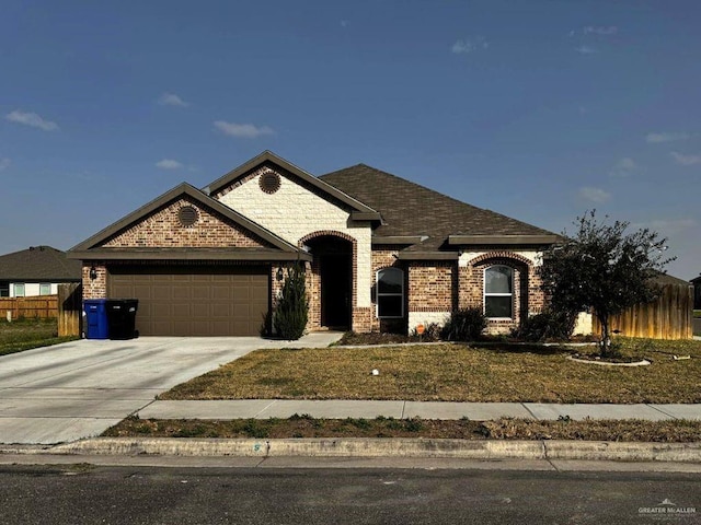 view of front of house with a garage, brick siding, a shingled roof, fence, and concrete driveway