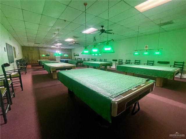 rec room featuring carpet, a paneled ceiling, ceiling fan, and billiards