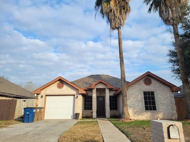 ranch-style home featuring an attached garage, brick siding, a shingled roof, fence, and driveway