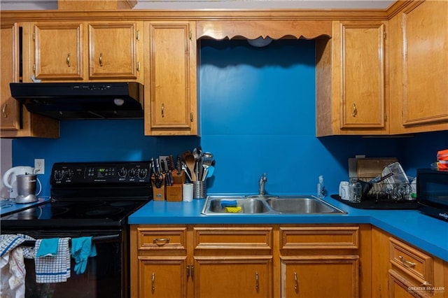 kitchen with black appliances, under cabinet range hood, brown cabinetry, and a sink