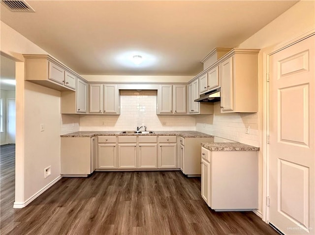 kitchen with visible vents, backsplash, dark wood-type flooring, a sink, and under cabinet range hood