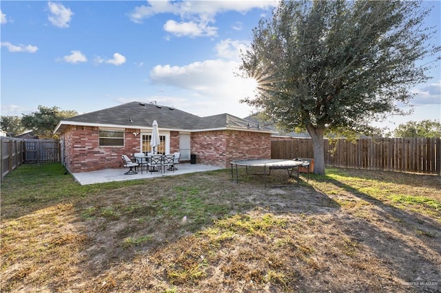 back of property with a patio, a yard, and a trampoline