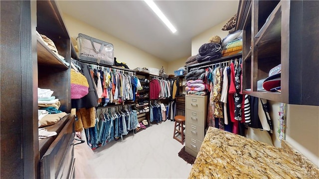 walk in closet featuring lofted ceiling