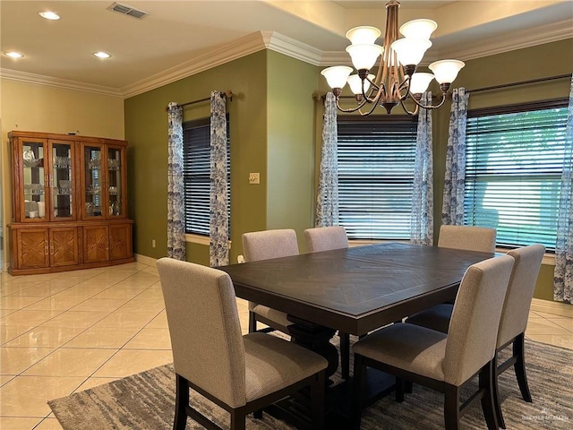 5845 Acacia St, Harlingen, TX 78552 - dining space featuring a chandelier, ornamental molding, light tile patterned flooring, recessed lighting, and baseboards