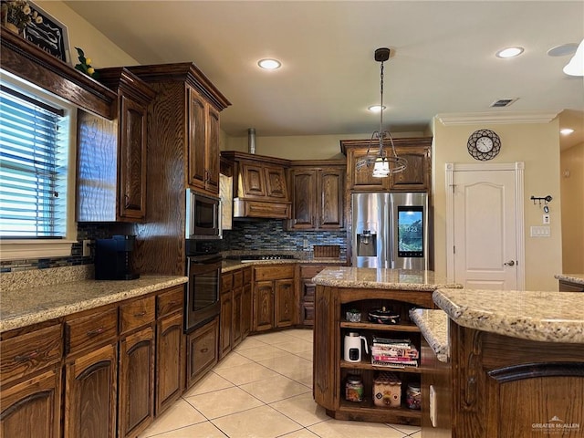 5845 Acacia St, Harlingen, TX 78552 - kitchen with appliances with stainless steel finishes, open shelves, decorative backsplash, light tile patterned floors, and light stone countertops