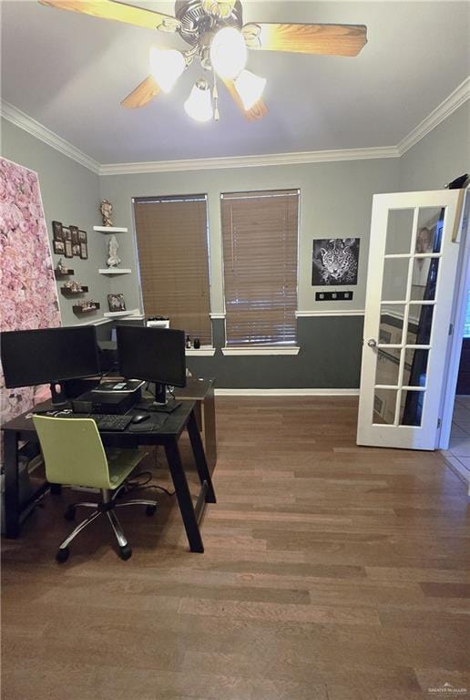 office space featuring hardwood / wood-style floors, ceiling fan, and crown molding