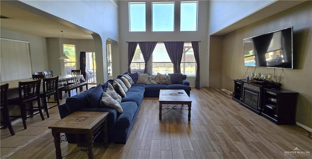 living room featuring a towering ceiling and hardwood / wood-style flooring