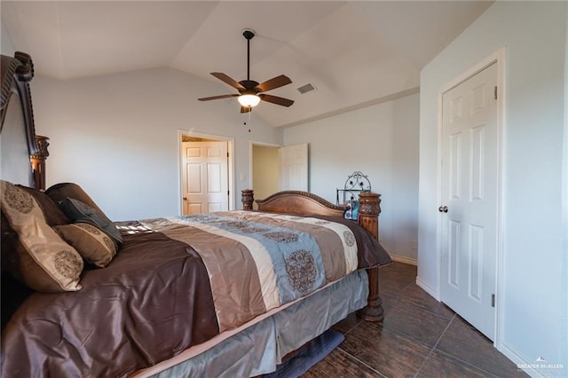 bedroom featuring baseboards, visible vents, ceiling fan, and lofted ceiling