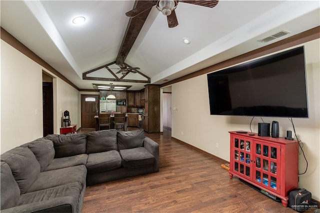 living room with vaulted ceiling with beams and dark hardwood / wood-style flooring