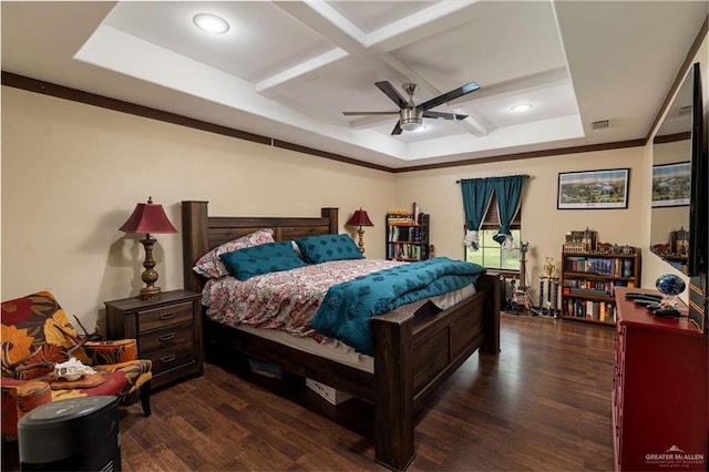 bedroom with beamed ceiling, ceiling fan, dark wood-type flooring, and coffered ceiling