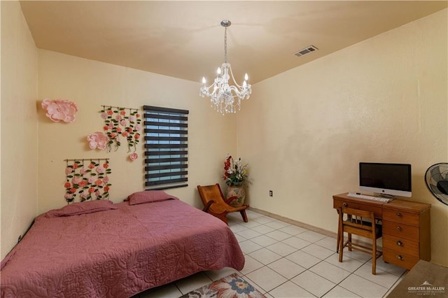 tiled bedroom with an inviting chandelier