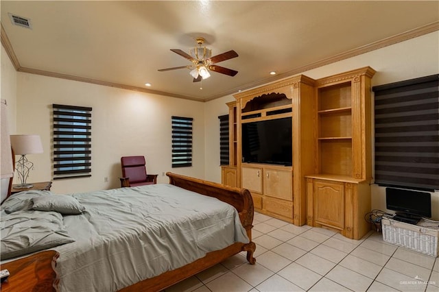 tiled bedroom with ceiling fan and ornamental molding