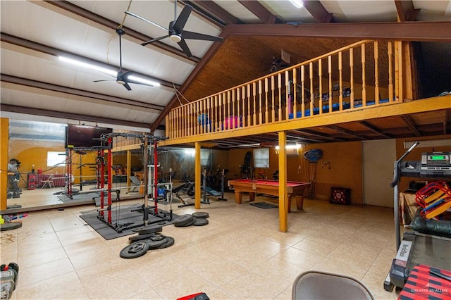 interior space featuring ceiling fan, lofted ceiling, and pool table