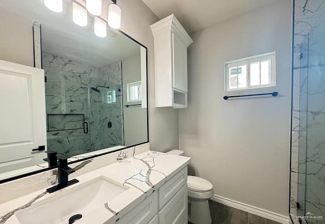 bathroom with wood-type flooring, vanity, toilet, and a shower with door