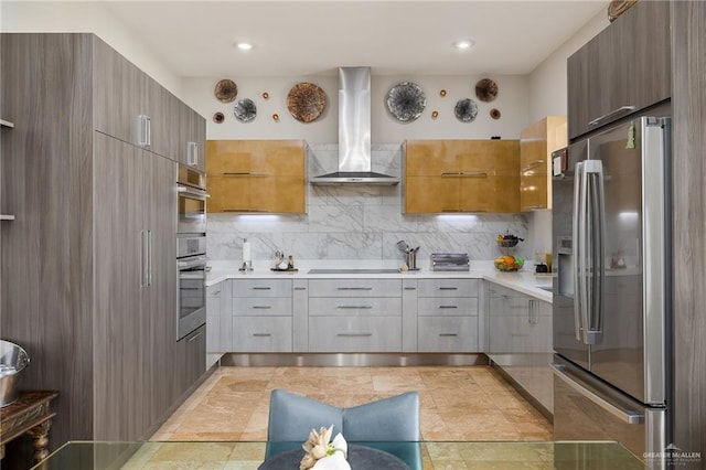 kitchen featuring wall chimney exhaust hood, decorative backsplash, stainless steel fridge with ice dispenser, and black electric cooktop