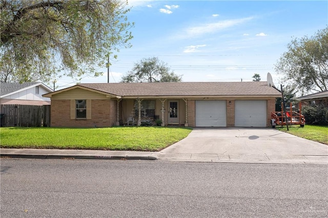 ranch-style home with a garage, brick siding, fence, concrete driveway, and a front lawn