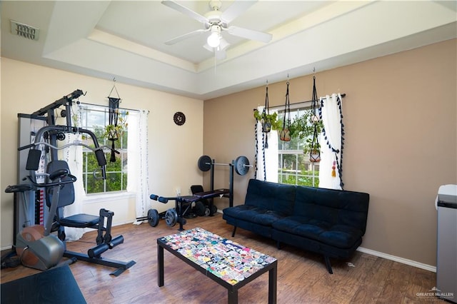 exercise room featuring a raised ceiling, ceiling fan, and hardwood / wood-style floors