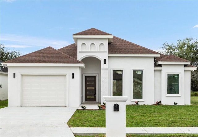 view of front of home featuring an attached garage, stucco siding, concrete driveway, and a front yard