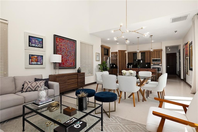 living room with a chandelier