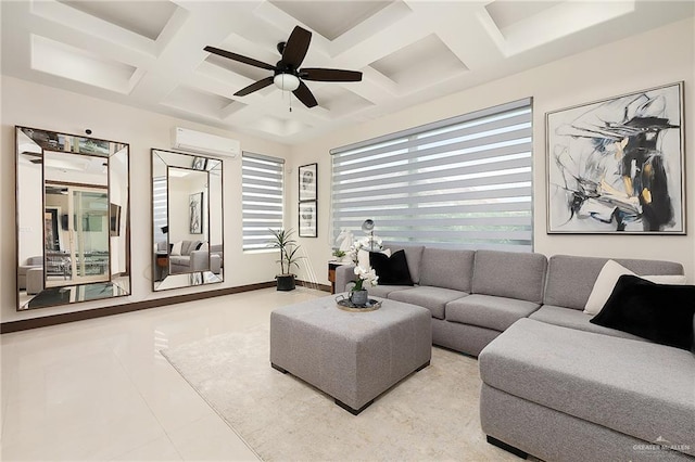 living room with ceiling fan, coffered ceiling, beamed ceiling, and a wall mounted air conditioner