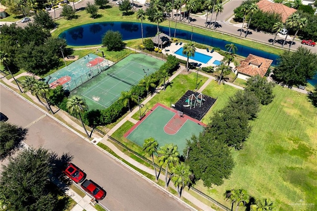 drone / aerial view with a water view