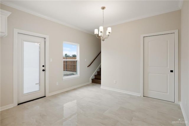 interior space featuring crown molding, stairs, baseboards, and a notable chandelier