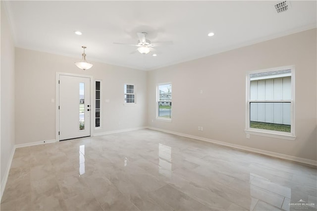 foyer entrance with baseboards, visible vents, a ceiling fan, and recessed lighting