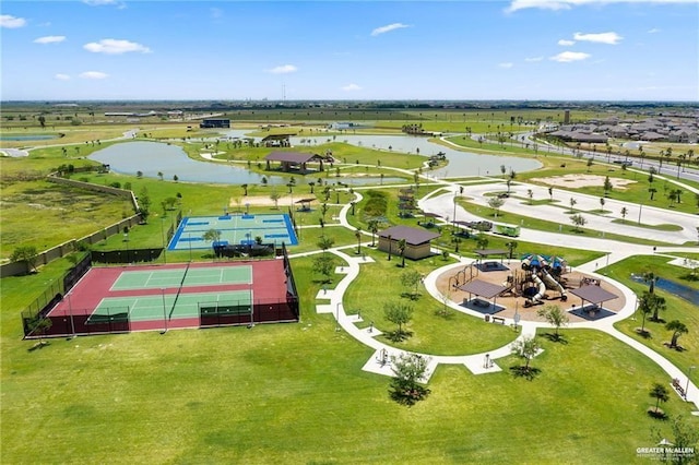 drone / aerial view featuring a water view