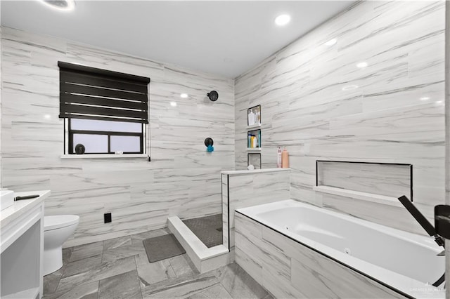 1201 S Danner Rd, Pharr, TX 78577 - full bath with a jetted tub, vanity, a tile shower, marble finish flooring, and recessed lighting
