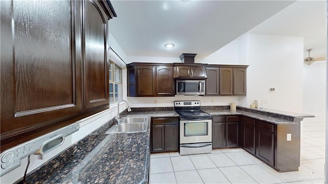 kitchen featuring kitchen peninsula, appliances with stainless steel finishes, dark brown cabinets, sink, and light tile patterned floors