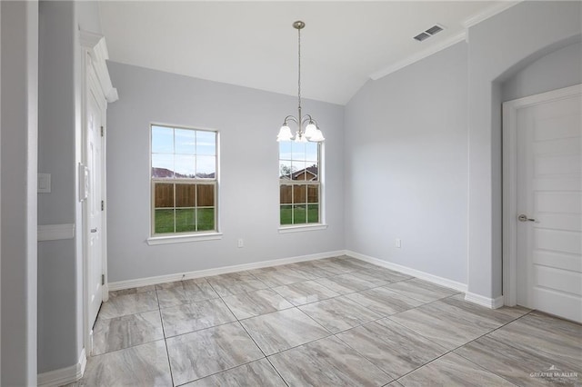 unfurnished dining area with a chandelier and lofted ceiling