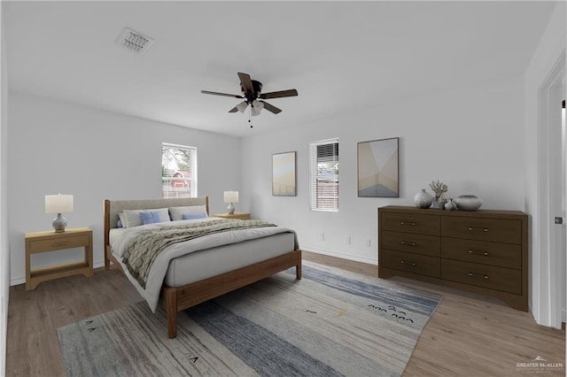 bedroom with ceiling fan and light wood-type flooring