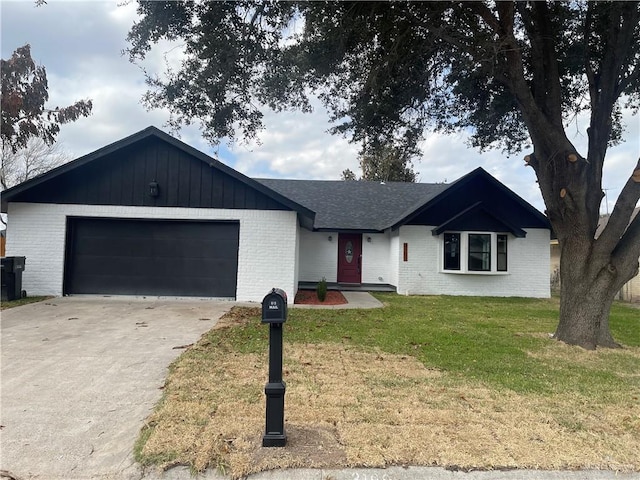 ranch-style home with a garage and a front lawn