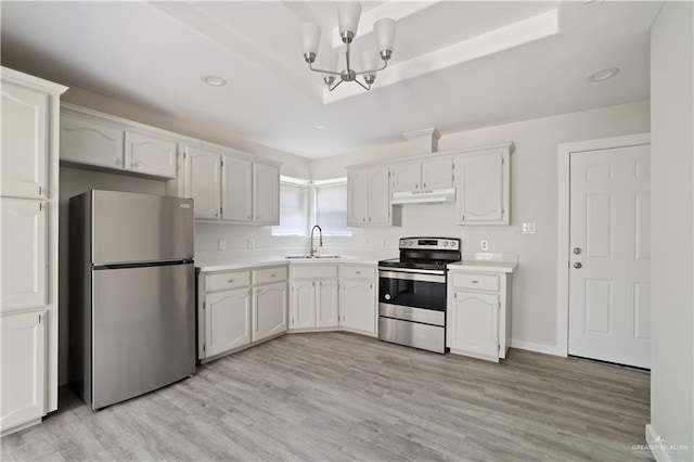 kitchen with light countertops, light wood-type flooring, stainless steel appliances, under cabinet range hood, and a sink