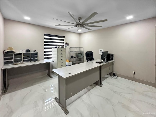 5804 La Quinta Ln, Weslaco, TX 78599 - home office with a ceiling fan, marble look tile flooring, and recessed lighting