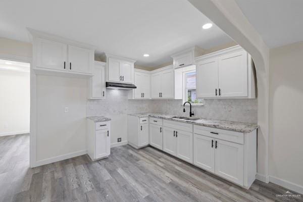 1311 Carlos Dr, Alamo, TX 78516 - kitchen with tasteful backsplash, white cabinetry, light wood finished floors, light stone countertops, and recessed lighting