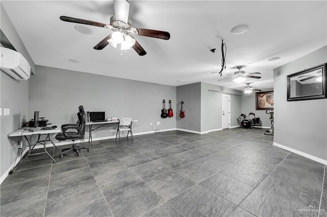 office area with ceiling fan and an AC wall unit