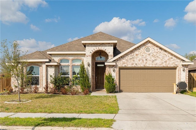 view of front of property featuring concrete driveway, fence, brick siding, a garage, and a front yard